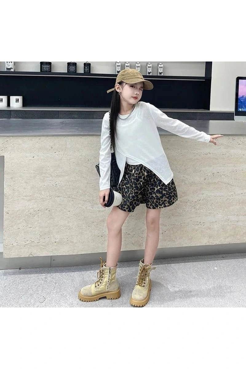 Summer & Autumn Korean Teen Girls 3-Piece Outfit Set – Irregular T-Shirt, Vest & Leopard Print Shorts - Giggles And Grab