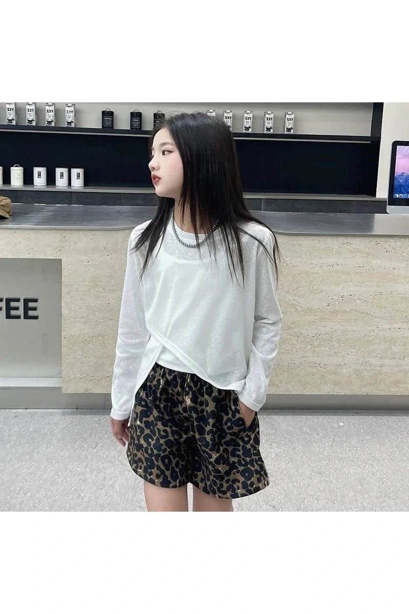 Summer & Autumn Korean Teen Girls 3-Piece Outfit Set – Irregular T-Shirt, Vest & Leopard Print Shorts - Giggles And Grab