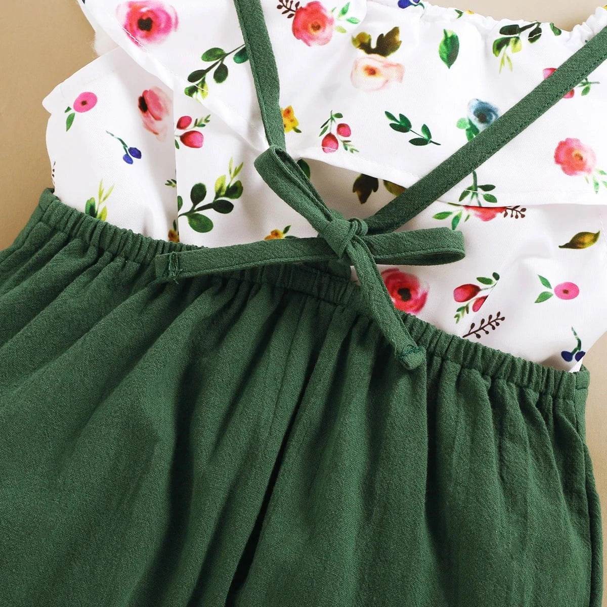 Toddler Girl Set 1-5 Years Kids Baby Girl Clothes Set Floral Print Lotus Leaf Short Top + Suspender Pant Fashion Cute 2PCS Outfit - Giggles And Grab