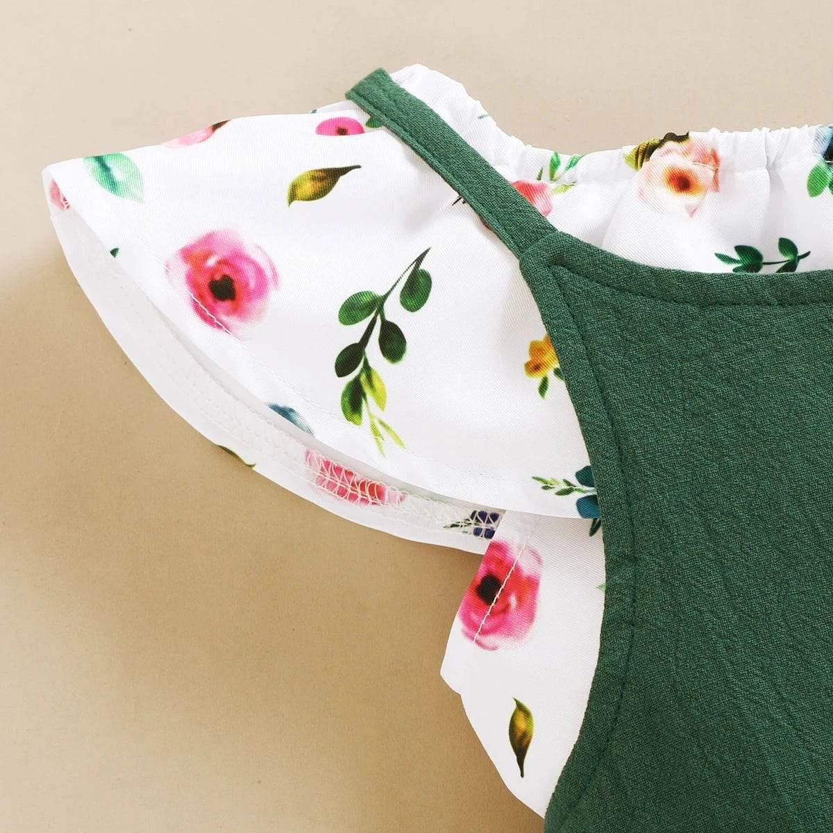 Toddler Girl Set 1-5 Years Kids Baby Girl Clothes Set Floral Print Lotus Leaf Short Top + Suspender Pant Fashion Cute 2PCS Outfit - Giggles And Grab