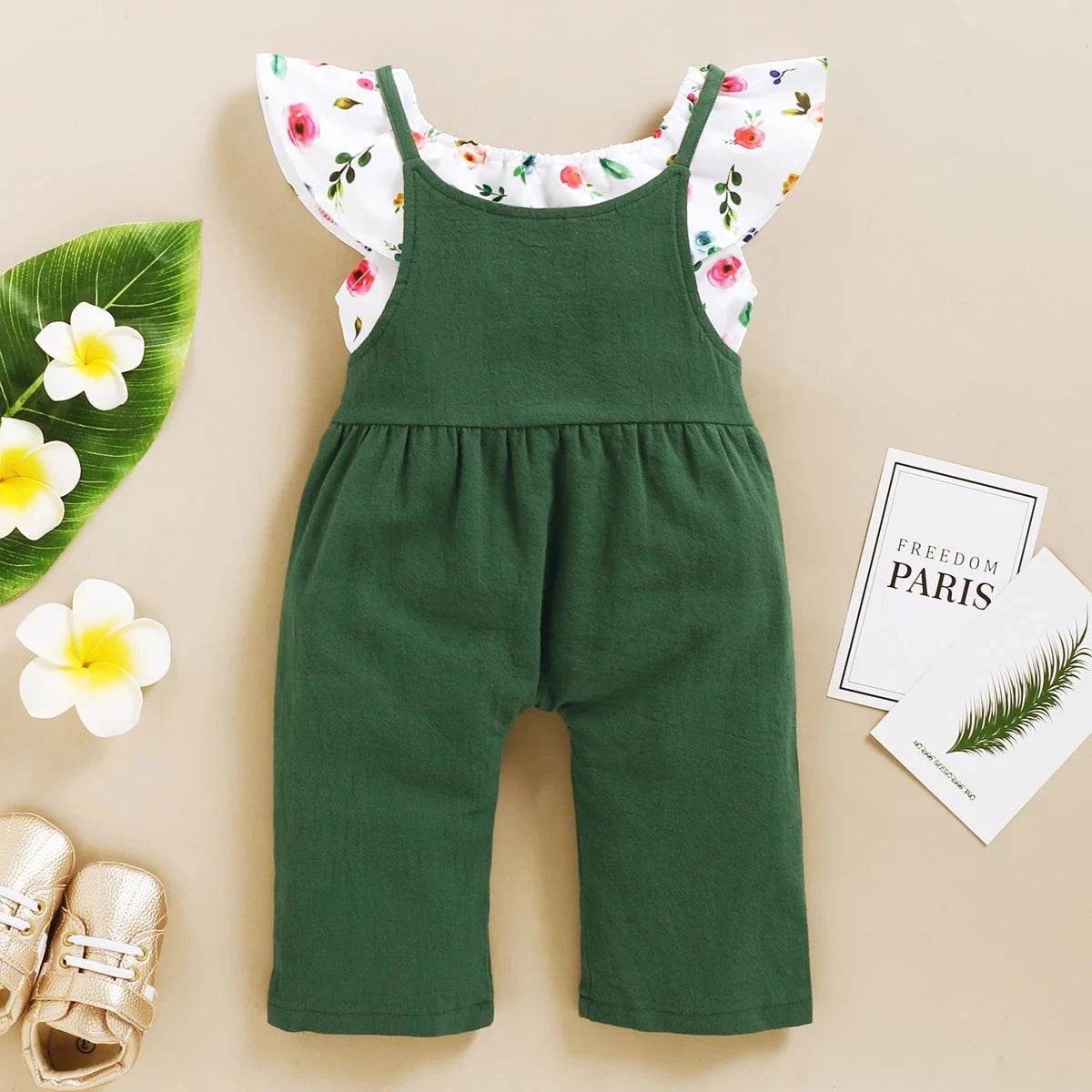 Toddler Girl Set 1-5 Years Kids Baby Girl Clothes Set Floral Print Lotus Leaf Short Top + Suspender Pant Fashion Cute 2PCS Outfit - Giggles And Grab