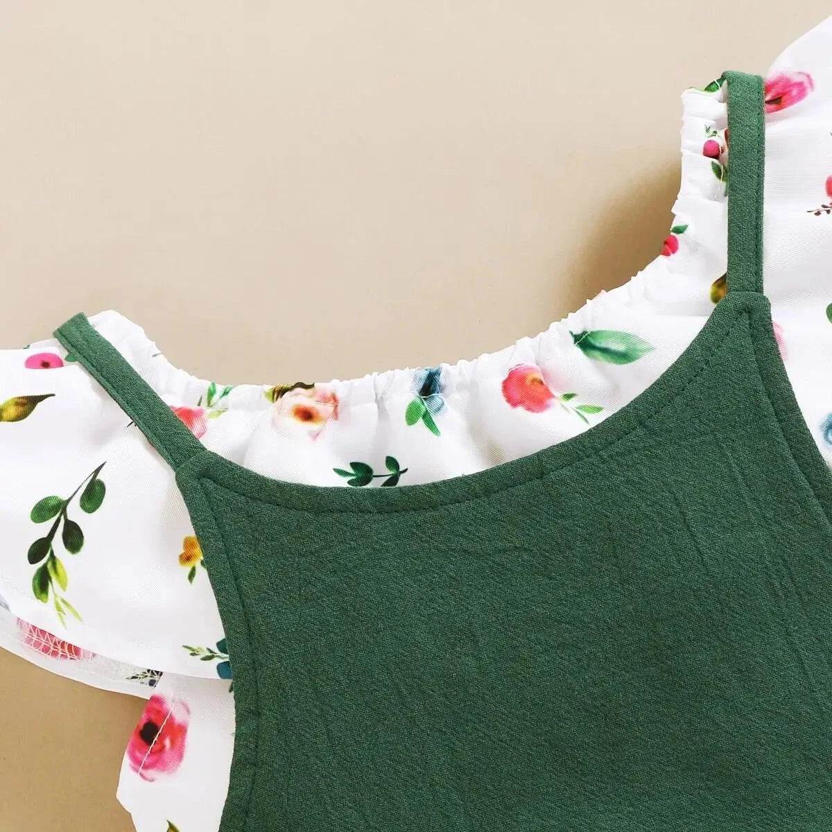 Toddler Girl Set 1-5 Years Kids Baby Girl Clothes Set Floral Print Lotus Leaf Short Top + Suspender Pant Fashion Cute 2PCS Outfit - Giggles And Grab