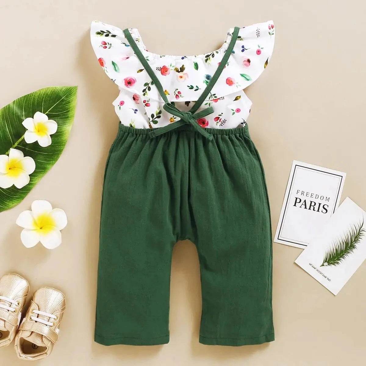 Toddler Girl Set 1-5 Years Kids Baby Girl Clothes Set Floral Print Lotus Leaf Short Top + Suspender Pant Fashion Cute 2PCS Outfit - Giggles And Grab