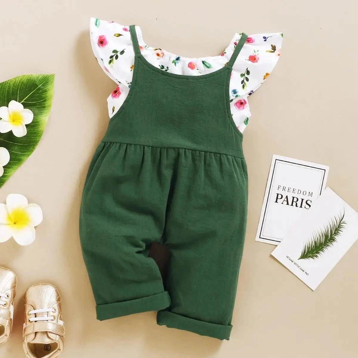 Toddler Girl Set 1-5 Years Kids Baby Girl Clothes Set Floral Print Lotus Leaf Short Top + Suspender Pant Fashion Cute 2PCS Outfit - Giggles And Grab