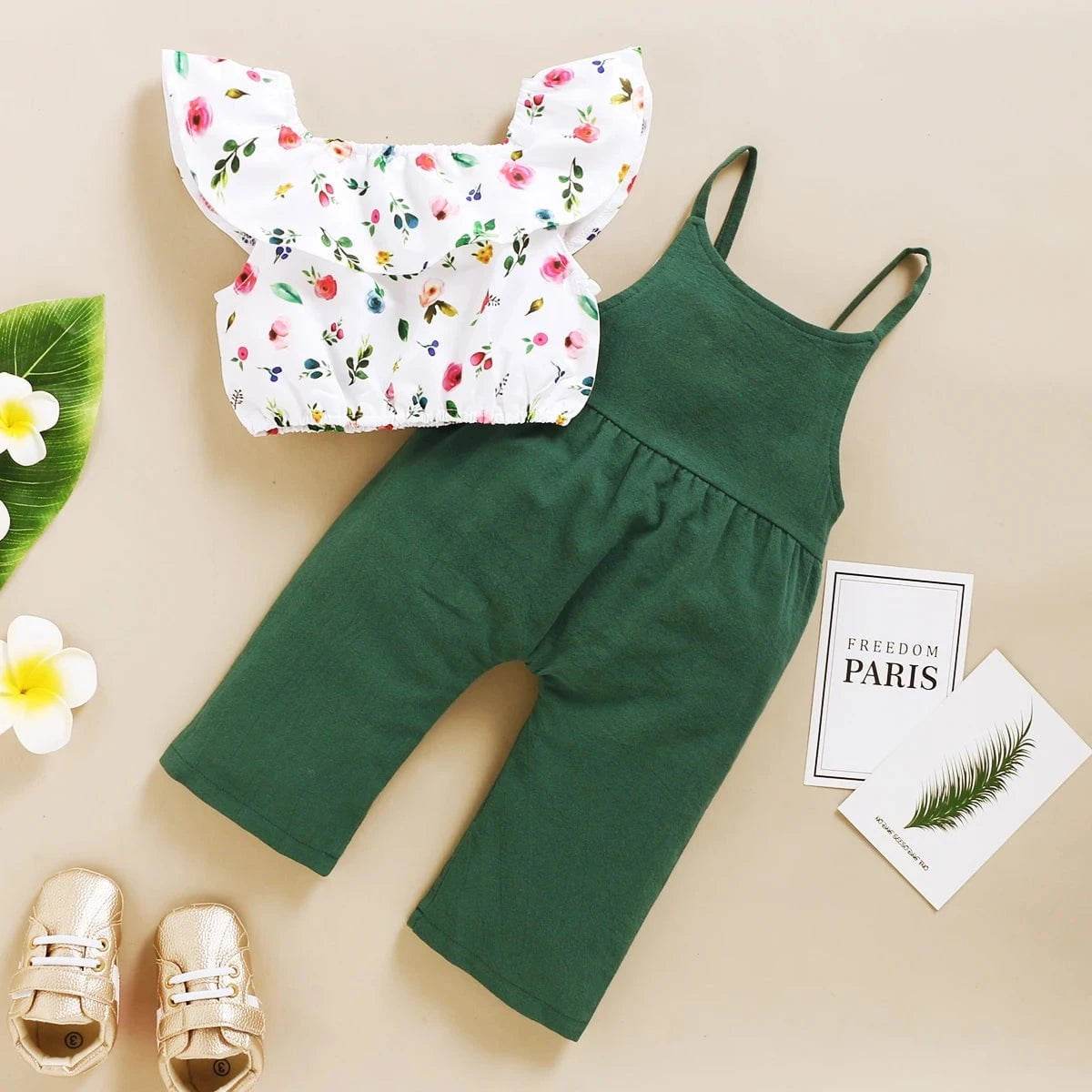 Toddler Girl Set 1-5 Years Kids Baby Girl Clothes Set Floral Print Lotus Leaf Short Top + Suspender Pant Fashion Cute 2PCS Outfit - Giggles And Grab