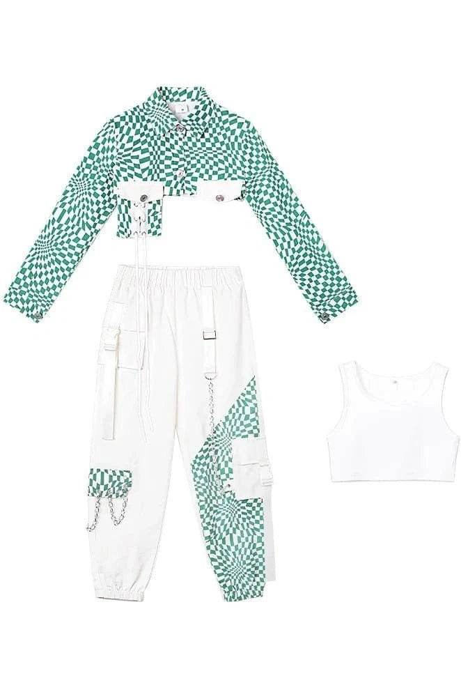 ZZL Y2K Girls Clothes – K-pop Street Dance 3-Piece Green & White Outfit, Jazz & Performance Wear - Giggles And Grab