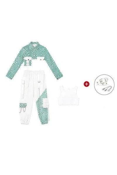 ZZL Y2K Girls Clothes – K-pop Street Dance 3-Piece Green & White Outfit, Jazz & Performance Wear - Giggles And Grab