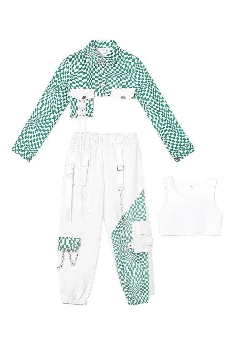 ZZL Y2K Girls Clothes – K-pop Street Dance 3-Piece Green & White Outfit, Jazz & Performance Wear - Giggles And Grab