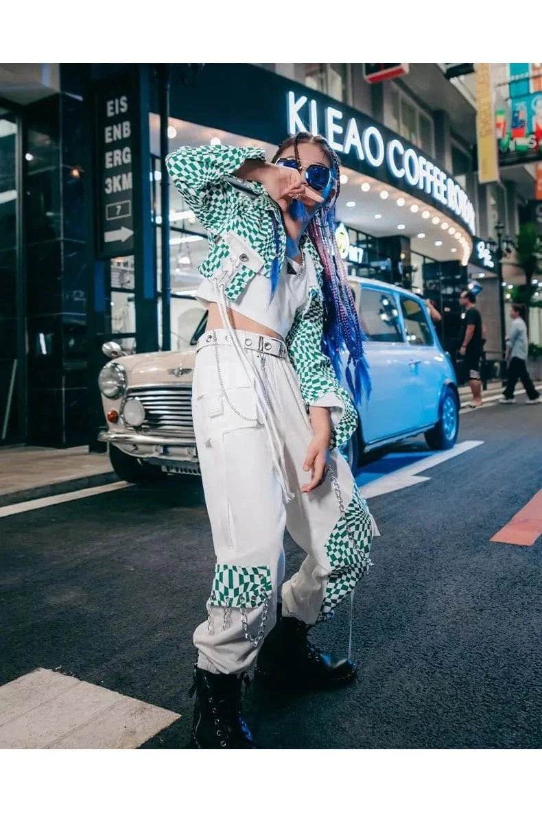 ZZL Y2K Girls Clothes – K-pop Street Dance 3-Piece Green & White Outfit, Jazz & Performance Wear - Giggles And Grab
