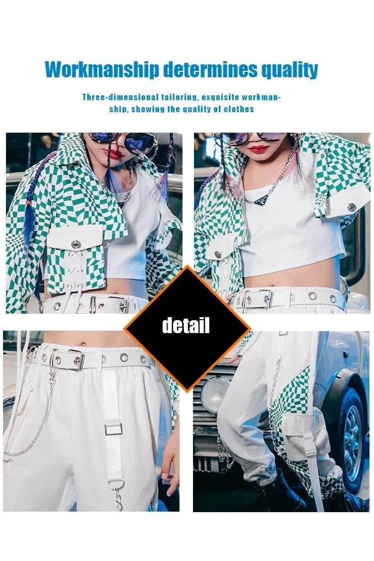 ZZL Y2K Girls Clothes – K-pop Street Dance 3-Piece Green & White Outfit, Jazz & Performance Wear - Giggles And Grab