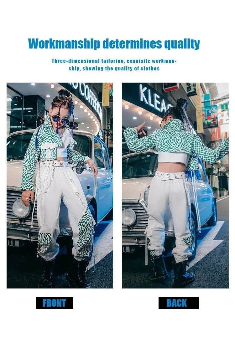 ZZL Y2K Girls Clothes – K-pop Street Dance 3-Piece Green & White Outfit, Jazz & Performance Wear - Giggles And Grab