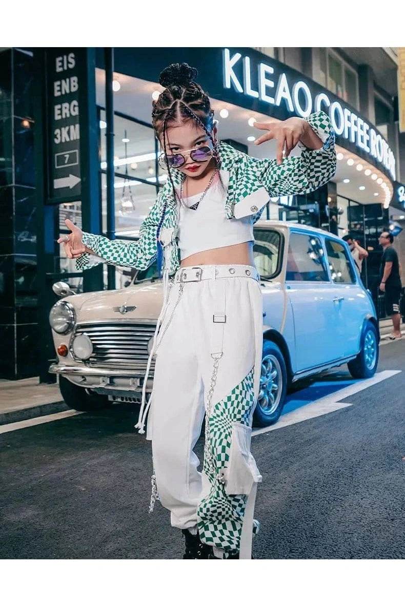 ZZL Y2K Girls Clothes – K-pop Street Dance 3-Piece Green & White Outfit, Jazz & Performance Wear - Giggles And Grab