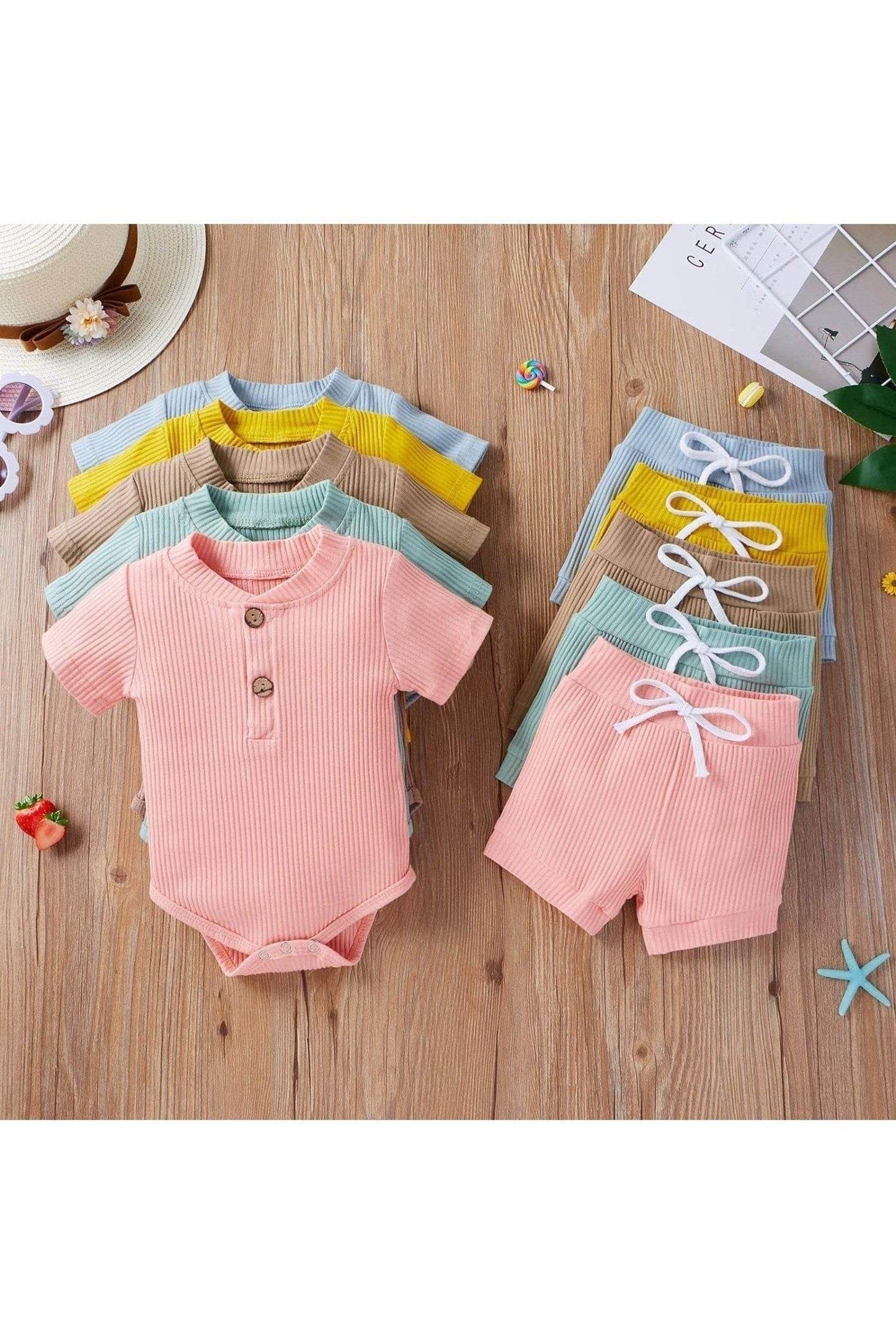 Summer Newborn Baby Boy & Girl Clothes Set – Ribbed Cotton 2-Piece Unisex Outfit with Button Top & Shorts - Giggles And Grab