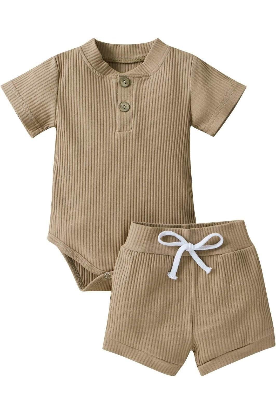 Summer Newborn Baby Boy & Girl Clothes Set – Ribbed Cotton 2-Piece Unisex Outfit with Button Top & Shorts - Giggles And Grab