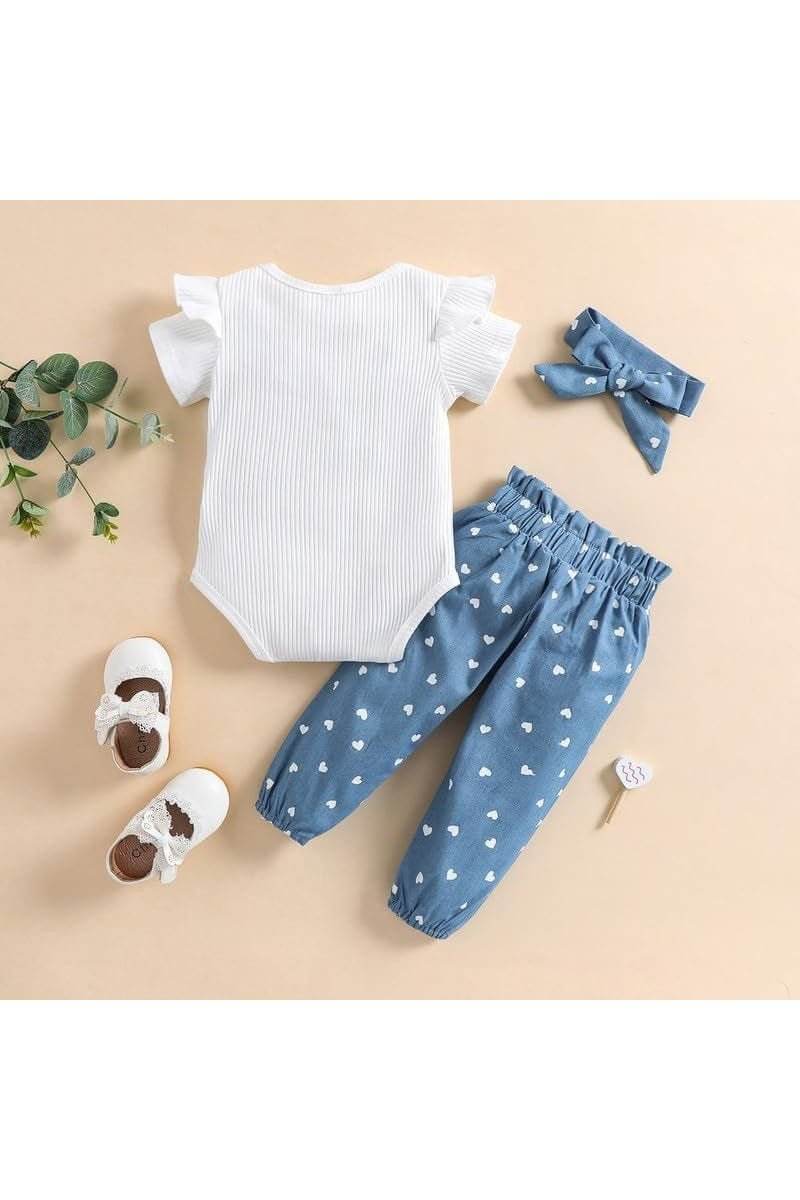 Newborn Baby Girl Ribbed Ruffled Romper, Floral Pants, and Headband – 3-Piece Summer Outfit Set - Giggles And Grab