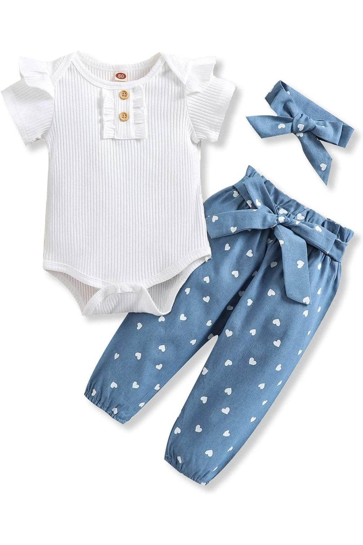 Newborn Baby Girl Ribbed Ruffled Romper, Floral Pants, and Headband – 3-Piece Summer Outfit Set - Giggles And Grab