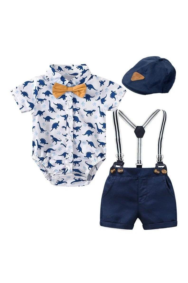 Summer Toddler Boys Dinosaur Printed Clothes Set – Short-Sleeved Romper with Hat Bow for Baby Kids - Giggles And Grab