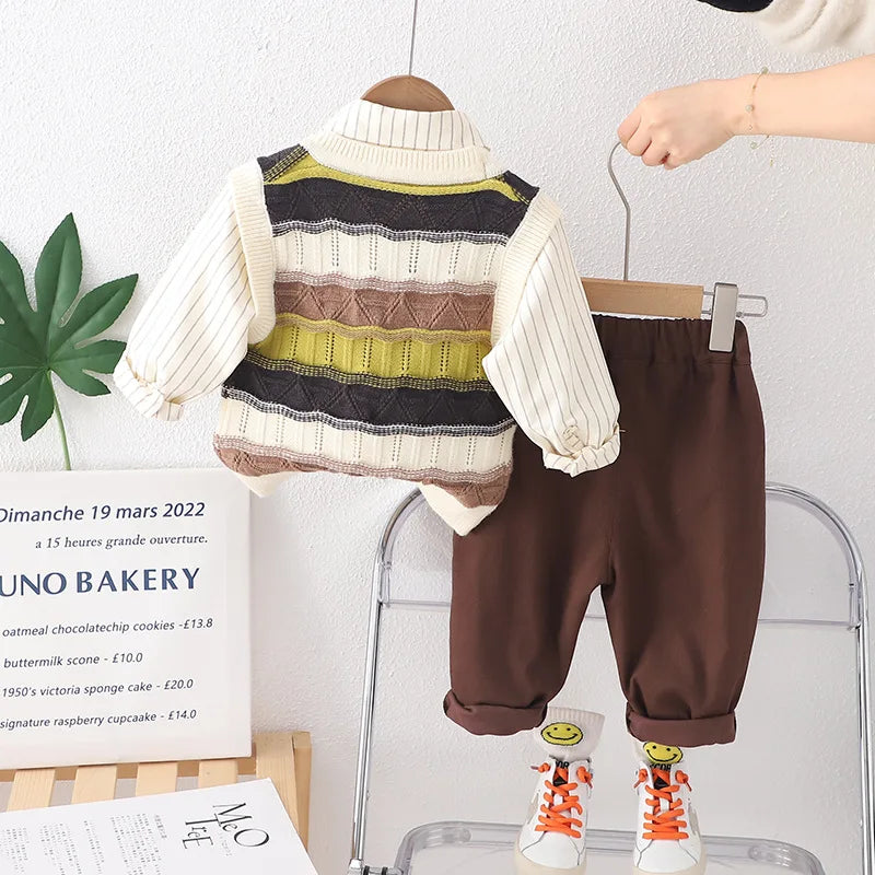 3PCS Baby Boy Set 2024 Spring Korean Hollow Out Knitted Sweater Vest + Shirts + Pants Children Clothes Boys Valentines Outfit