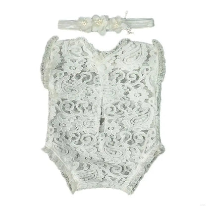 N80C 2 Pcs Newborn Photography Props Lace Headband Romper Infants Photo Outfits Baby Headdress Bodysuit Set