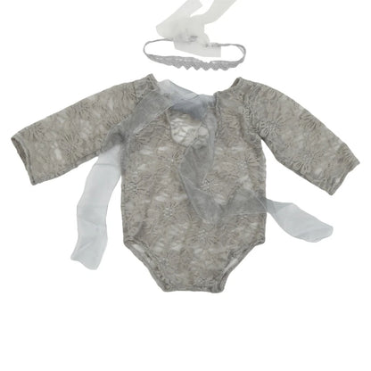 Newborn Photography Props Baby Lace Romper with Headband Set Backless Mesh Bodysuit for Baby Photoshoot Infant Outfit