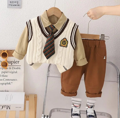 3PCS Boys Sweater Sets Spring Autumn Kids V-neck Preppy Knitted Vest + T-shirts + Pants Casual Toddler Outfits Infant Baby Clothing