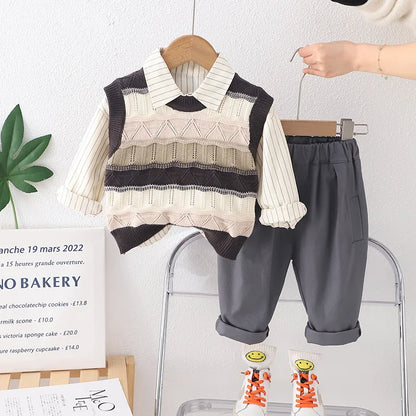 3PCS Baby Boy Set 2024 Spring Korean Hollow Out Knitted Sweater Vest + Shirts + Pants Children Clothes Boys Valentines Outfit