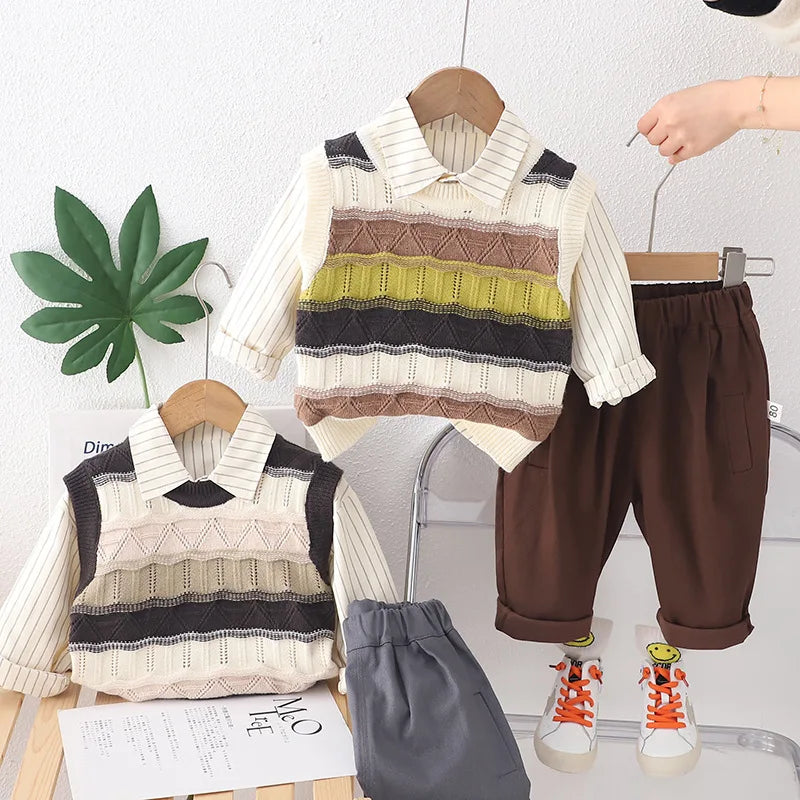 3PCS Baby Boy Set 2024 Spring Korean Hollow Out Knitted Sweater Vest + Shirts + Pants Children Clothes Boys Valentines Outfit