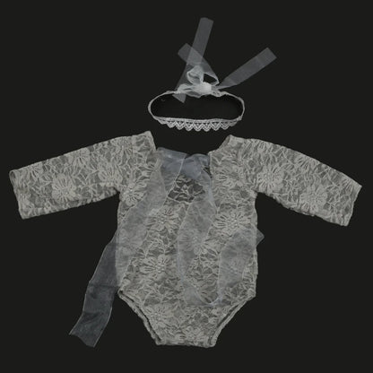 Newborn Photography Props Baby Lace Romper with Headband Set Backless Mesh Bodysuit for Baby Photoshoot Infant Outfit
