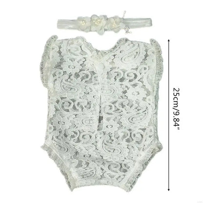 N80C 2 Pcs Newborn Photography Props Lace Headband Romper Infants Photo Outfits Baby Headdress Bodysuit Set