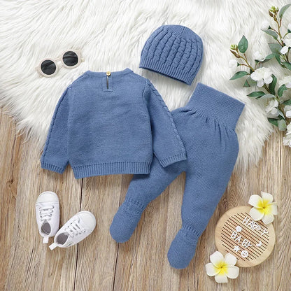 Newborn Baby Clothing Set Knit Infant Boy Sweater + Pants + Hat Long Sleeve Warm Autumn Toddler Pullover Trousers Bonnet 0-9M 3PCS