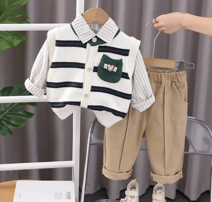 Korean Style Boys Set 6 to 12 Months – Kids Infant Clothing Pocket Striped Knitted Sweater Vest + Shirts + Pants 3PCS Toddler Outfits