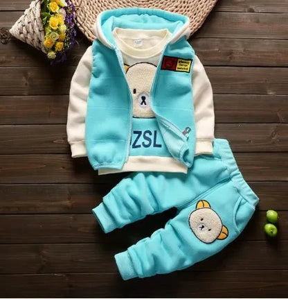 2020 Winter 3pcs Kids Thickening Hooded Vest Sweater Pant Sport Suits Baby Boys And Girls Warm Cartoon Outfit Children Clothing
