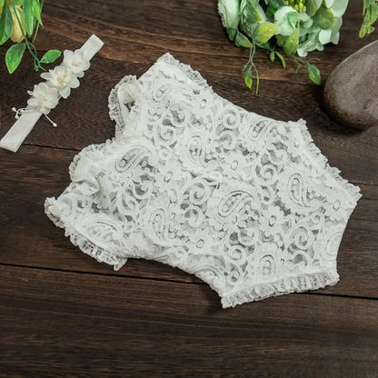 N80C 2 Pcs Newborn Photography Props Lace Headband Romper Infants Photo Outfits Baby Headdress Bodysuit Set