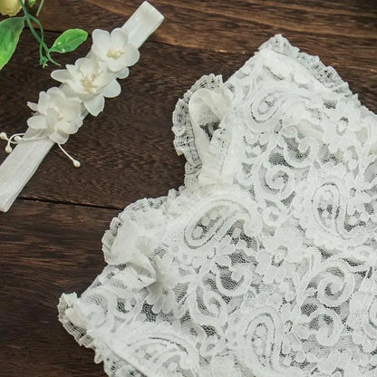 N80C 2 Pcs Newborn Photography Props Lace Headband Romper Infants Photo Outfits Baby Headdress Bodysuit Set