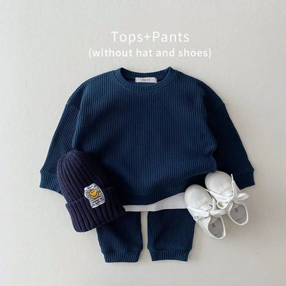 2023 Korean Toddler Baby Clothing Set - Infant Boys Waffle Cotton Sweatshirt & Pants | 2PCS Mock Two-Piece Outfit