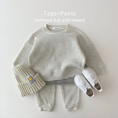 2023 Korean Toddler Baby Clothing Set - Infant Boys Waffle Cotton Sweatshirt & Pants | 2PCS Mock Two-Piece Outfit