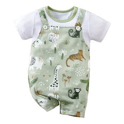 IURNXB Adorable Infant Zoo Animal Print Romper for Boys - Newborn Baby Faux Two-Piece Bodysuit with Short Sleeves - Casual Play Wear