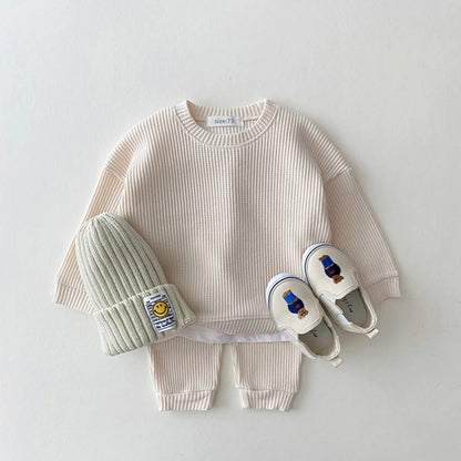 2023 Korean Toddler Baby Clothing Set - Infant Boys Waffle Cotton Sweatshirt & Pants | 2PCS Mock Two-Piece Outfit
