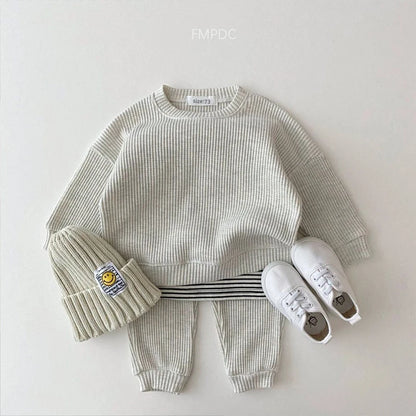 2023 Korean Toddler Baby Clothing Set - Infant Boys Waffle Cotton Sweatshirt & Pants | 2PCS Mock Two-Piece Outfit