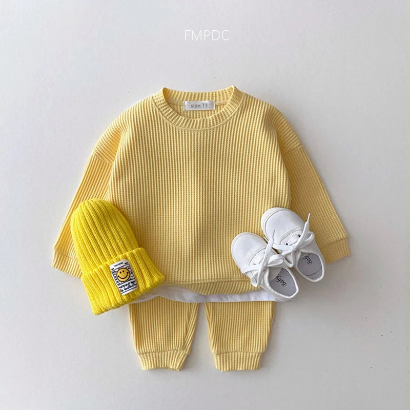 2023 Korean Toddler Baby Clothing Set - Infant Boys Waffle Cotton Sweatshirt & Pants | 2PCS Mock Two-Piece Outfit