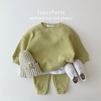 2023 Korean Toddler Baby Clothing Set - Infant Boys Waffle Cotton Sweatshirt & Pants | 2PCS Mock Two-Piece Outfit