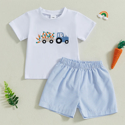 Boys Easter Outfit Summer Clothes, Carrot Cart Short Sleeve T-Shirt & Plaid Shorts Set, Cute Toddler Baby Boy Easter Outfit for 0-3T