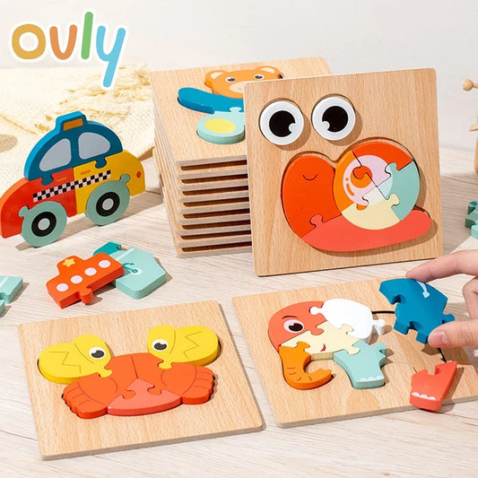 4Pcs 3D Wooden Animal Puzzle - Early Education Development Toys for Toddlers (2-3 Years)