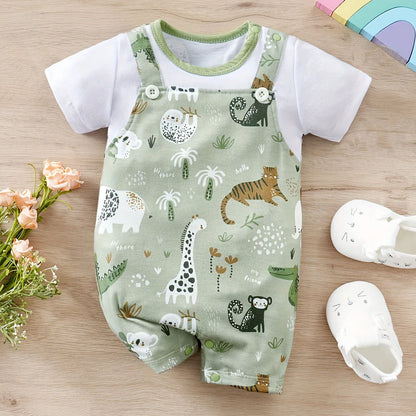 IURNXB Adorable Infant Zoo Animal Print Romper for Boys - Newborn Baby Faux Two-Piece Bodysuit with Short Sleeves - Casual Play Wear
