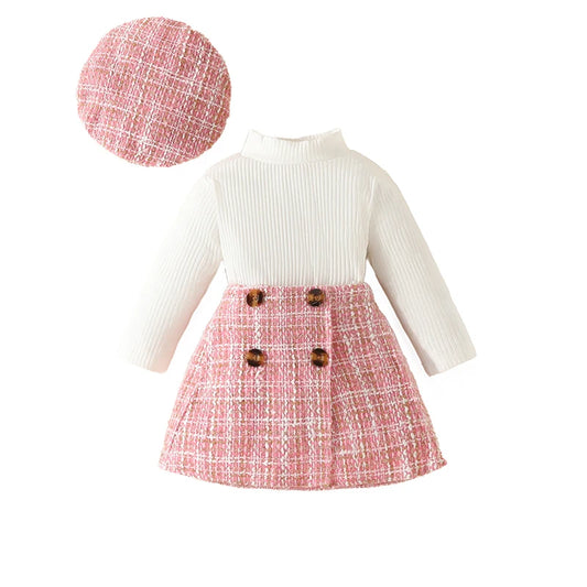 "3-Piece Baby Girl Outfit - Turtleneck Long Sleeve Top, Plaid Skirt, and Hat (6M-3Y)"