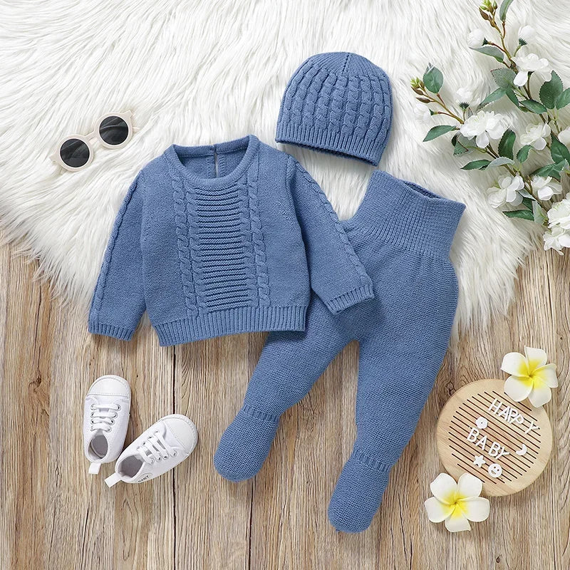 Newborn Baby Clothing Set Knit Infant Boy Sweater + Pants + Hat Long Sleeve Warm Autumn Toddler Pullover Trousers Bonnet 0-9M 3PCS
