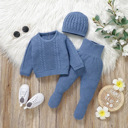 Newborn Baby Clothing Set Knit Infant Boy Sweater + Pants + Hat Long Sleeve Warm Autumn Toddler Pullover Trousers Bonnet 0-9M 3PCS