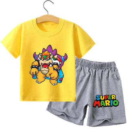 Super Mario Bros New T-shirt Suit Children Summer Cotton Tops + Shorts Pants Set Cute Cartoon Pajamas Home Wear Clothes Kids Gift