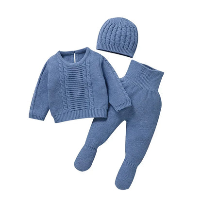 Newborn Baby Clothing Set Knit Infant Boy Sweater + Pants + Hat Long Sleeve Warm Autumn Toddler Pullover Trousers Bonnet 0-9M 3PCS