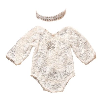 Newborn Photography Props Baby Lace Romper with Headband Set Backless Mesh Bodysuit for Baby Photoshoot Infant Outfit